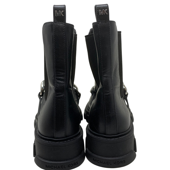 NEW Michael Kors Scarlett Black Leather Silver Chain Detail Boots Sz 7 Lug Sole - Picture 8 of 12